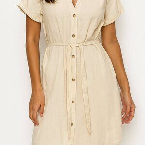 Japna Shirt Dress Size Small Tan Pockets Tie Waist Classic Minimalist Neutral
